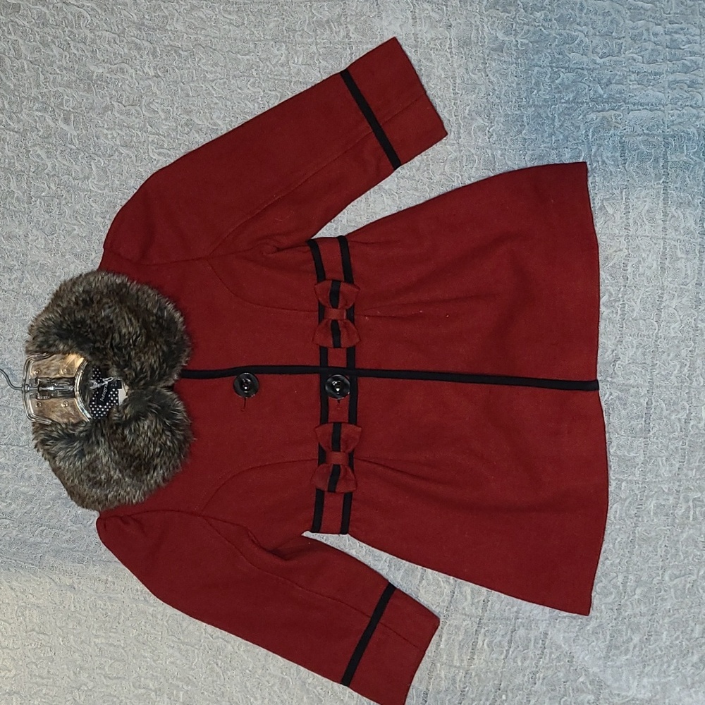 Red and Black Lined Wool Winter coat with removable fur collar size 2-3